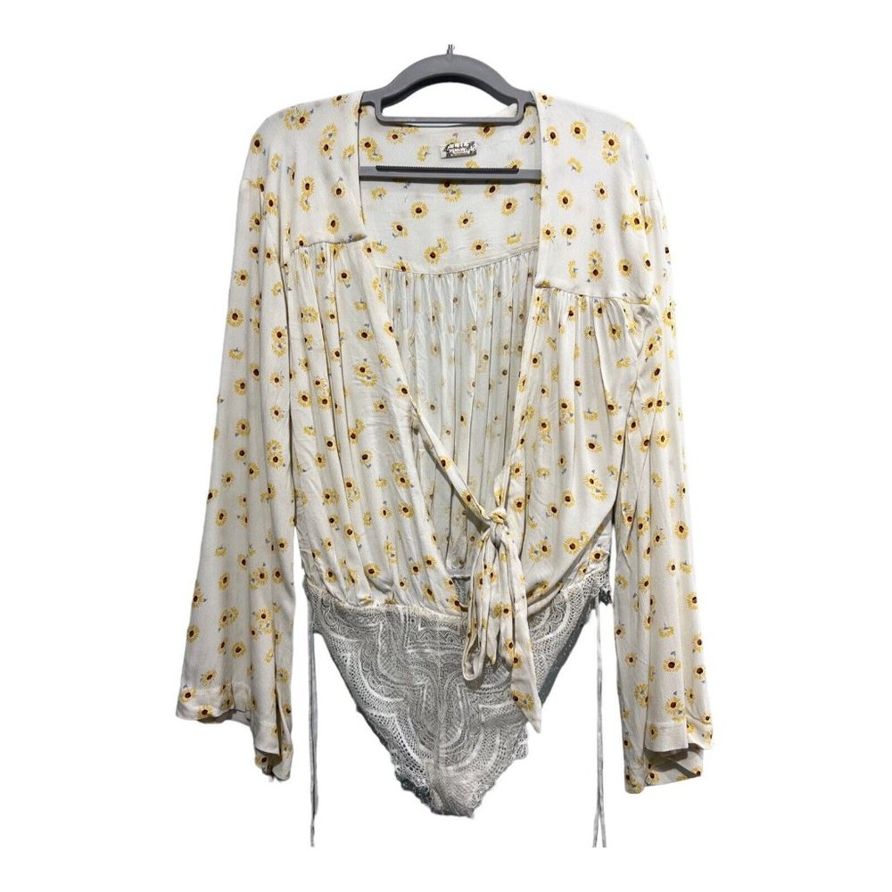 Free People Intimately M Daisy Bodysuit Yellow Floral Bell Sleeve Open Tie Front